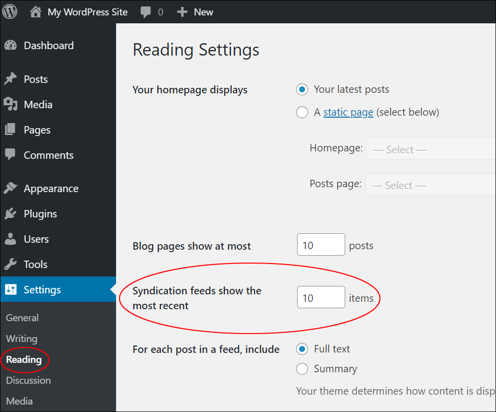 Reading Settings - Syndication feeds show the most recent 