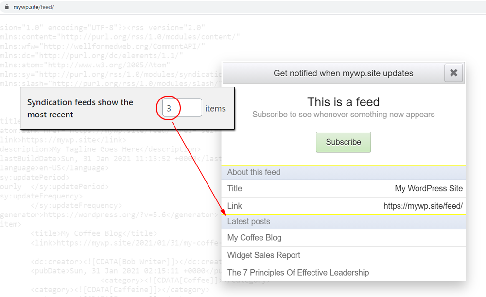 RSS feed example with 3 feeds specified in the Reading Settings section.