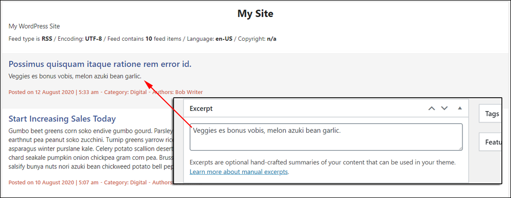 Example of post excerpt displaying in RSS feed.