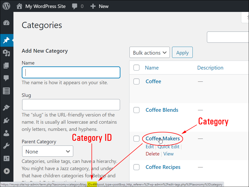 Categories screen - Post category ID.