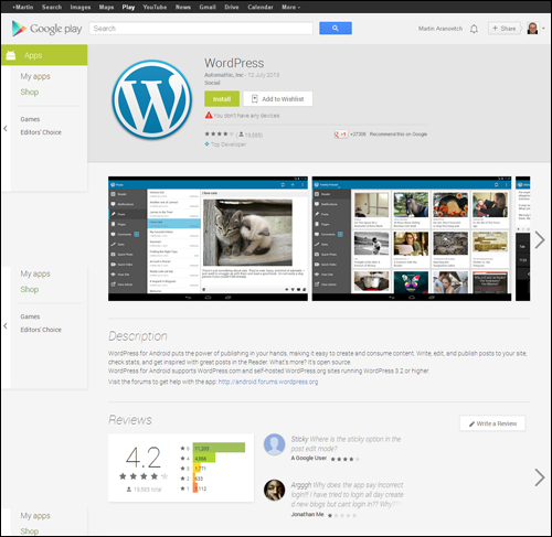 Download the WordPress app from the Google Play app store.