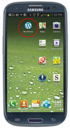 WordPress app icon on a mobile device.