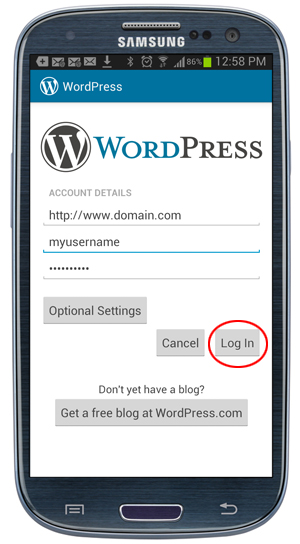 WordPress app - Log in button circled.