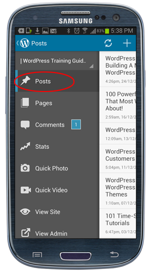 WordPress app - Menu screen.