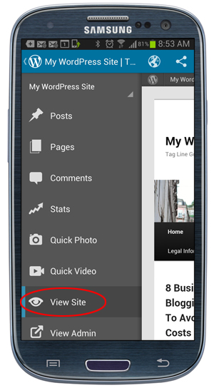 WordPress App Menu - View Site.