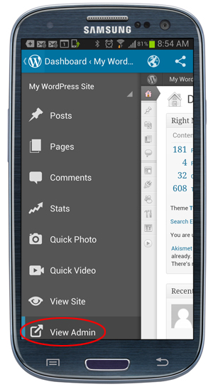 WordPress App - View Admin menu.