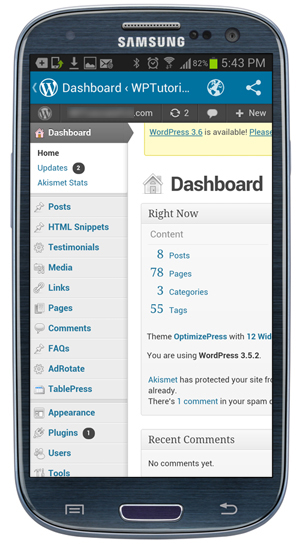 WordPress Dashboard screen - Mobile Device.