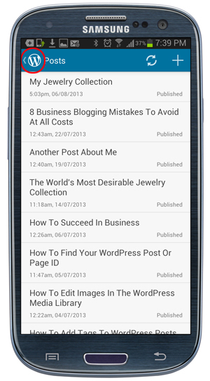 Mobile App - Posts screen - Return to WordPress Dashboard.