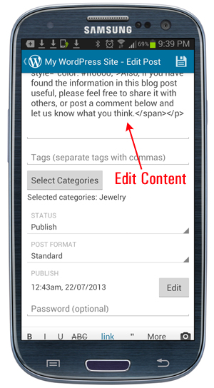 WordPress Mobile App - Edit content