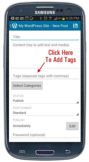 WordPress Mobile App - Add Post tags.