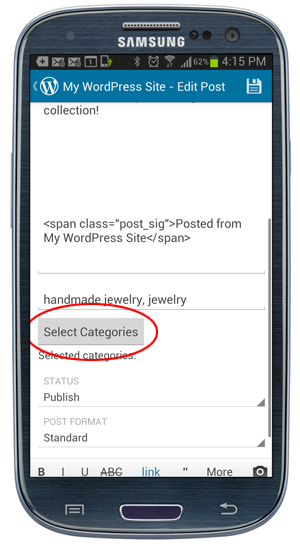 WordPress Mobile App - Post Categories button.