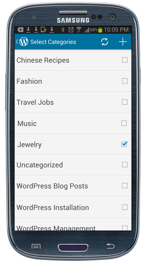 WordPress Mobile App - Post categories screen.