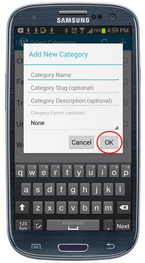 WordPress Mobile App - Add New Category screen.