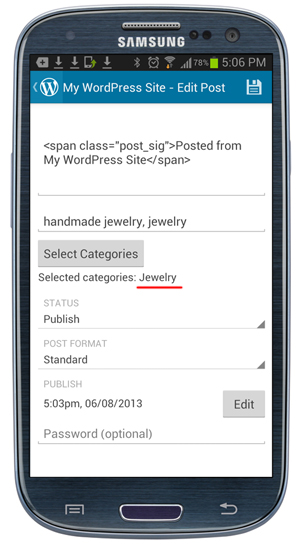 WordPress Mobile App - Post assigned a category.