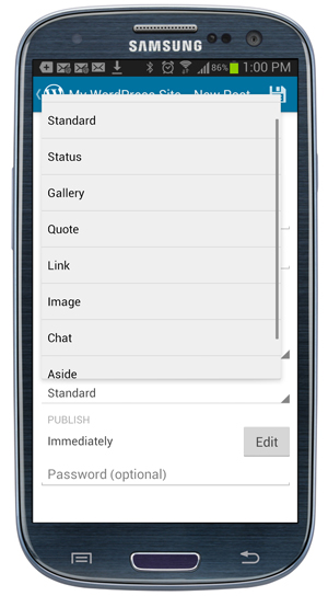 WordPress Mobile App - Post Formats screen.