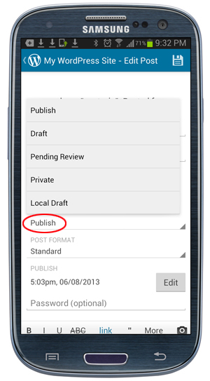 WordPress Mobile App - Post Publishing Status.