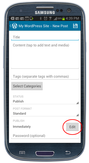 WordPress Mobile App - Publish Edit button.