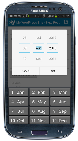 WordPress Mobile App - Post Publishing Dates screen.