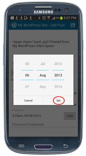 WordPress Mobile App - Post publishing dates dialog box.