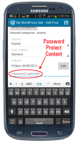 WordPress Mobile App - Password Protect Content option.