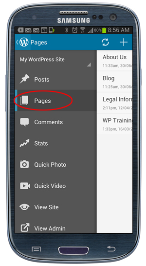 WordPress Mobile App - Pages Menu.