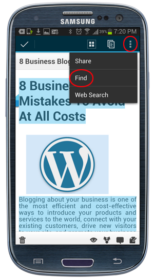 WordPress Mobile App: Content Editing Options Menu - Find.