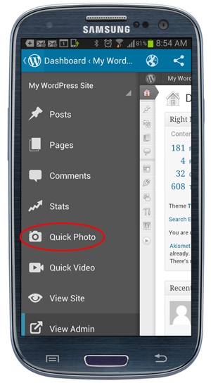 WordPress App - Quick Photo menu.