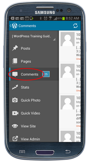 WordPress App - Comments menu.