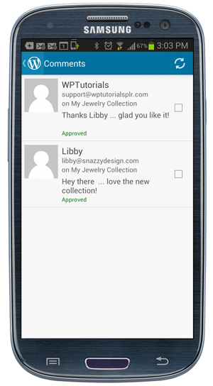 WordPress App - Comments Screen.