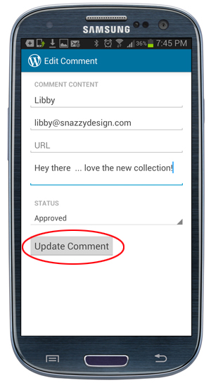 WordPress App - Update Comment button.