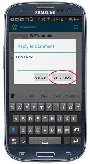 WordPress App - Send Reply button.