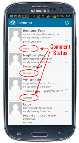 WordPress App - Comment Status.