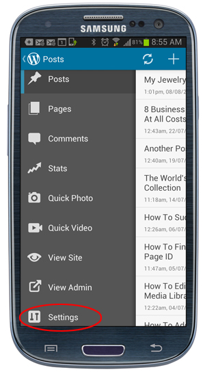 WordPress App - Settings menu.