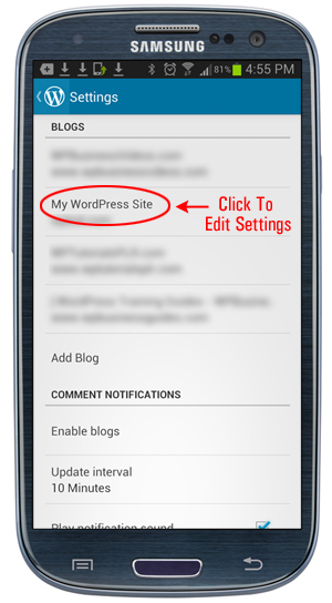 WordPress App - Site Settings.