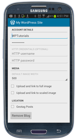 WordPress App: Settings - Account Details screen.