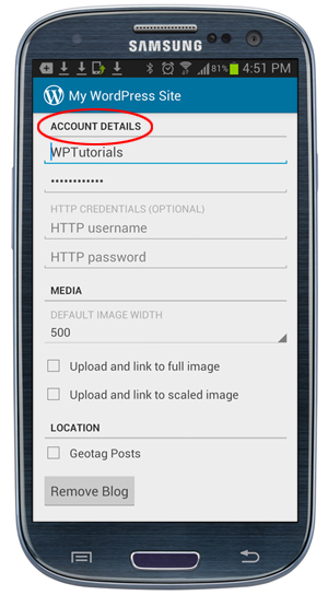 WordPress App - Account Details screen.