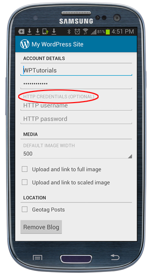 WordPress App - Account Details screen.