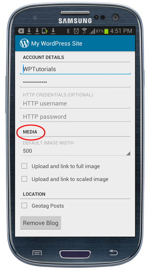 WordPress App - Account Details screen.