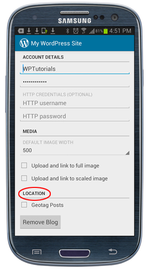 WordPress App: Account Details - Location settings.