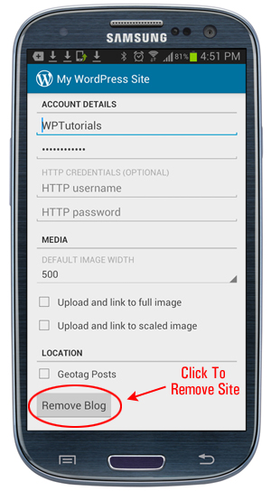 WordPress App: Account Details - Remove Blog button