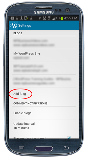 WordPress App: Settings - Blogs screen.