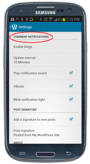 WordPress App: Settings - Comment Notifications screen.