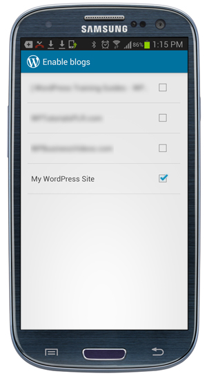 WordPress App: Settings - Enable blogs screen.