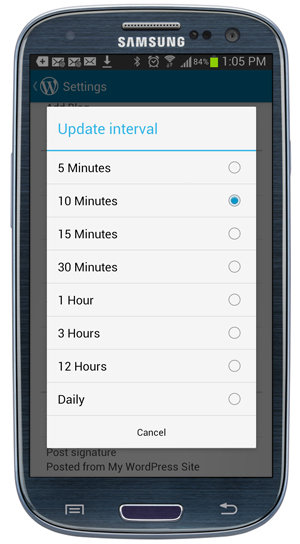 WordPress App: Settings - Update interval dialog window.