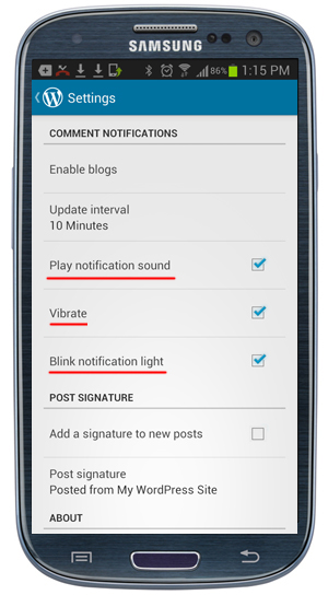 WordPress App: Settings - Comment Notifications screen.