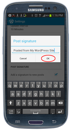 WordPress App: Settings - Post signature dialog window.