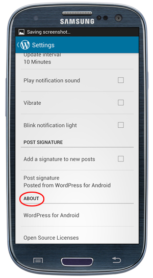 WordPress App: Settings - About