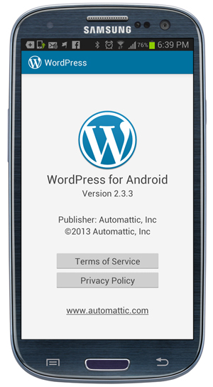 WordPress App: Settings - About screen.