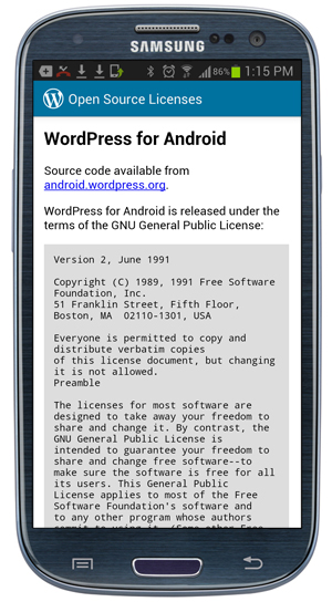 WordPress App: Settings - Open Source Licenses information.