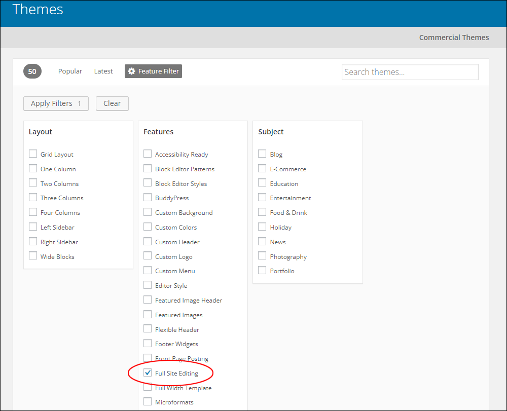 WordPress Theme Directory: Feature Filter - Full Site Editing